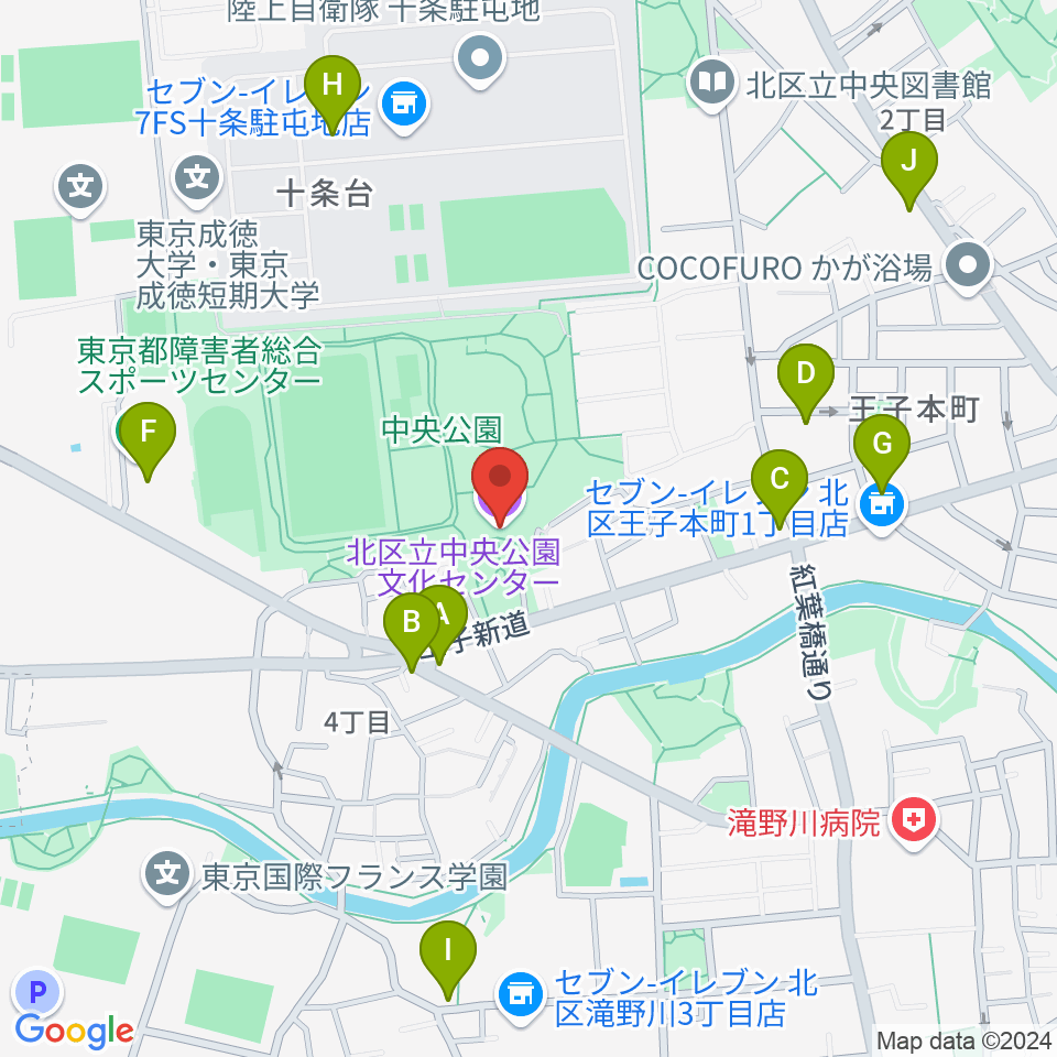 北区立中央公園文化センター周辺のファミレス・ファーストフード一覧地図