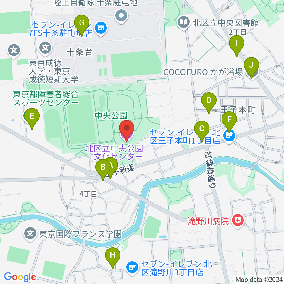 北区立中央公園文化センター周辺のファミレス・ファーストフード一覧地図