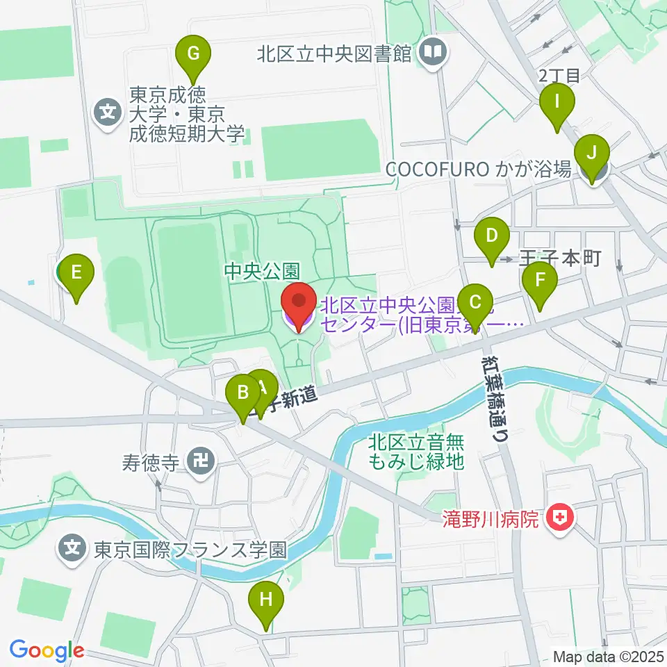 北区立中央公園文化センター周辺のファミレス・ファーストフード一覧地図