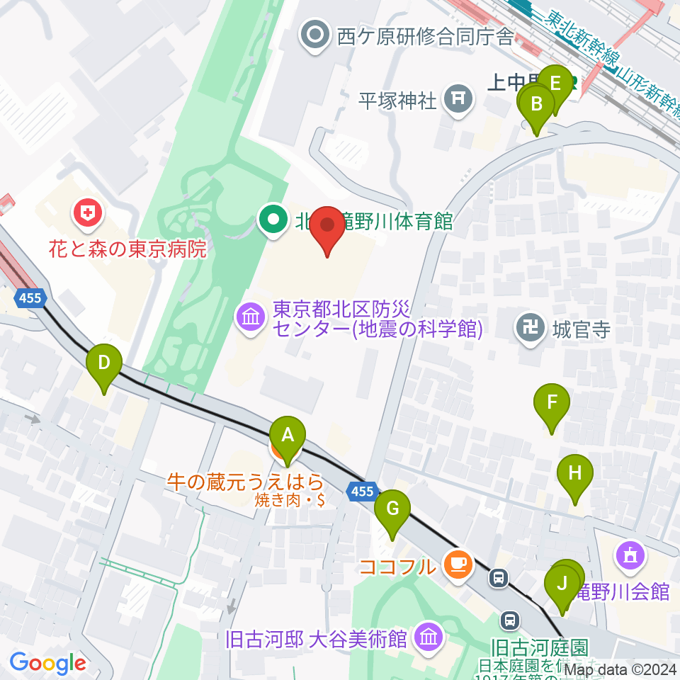 滝野川体育館周辺のファミレス・ファーストフード一覧地図