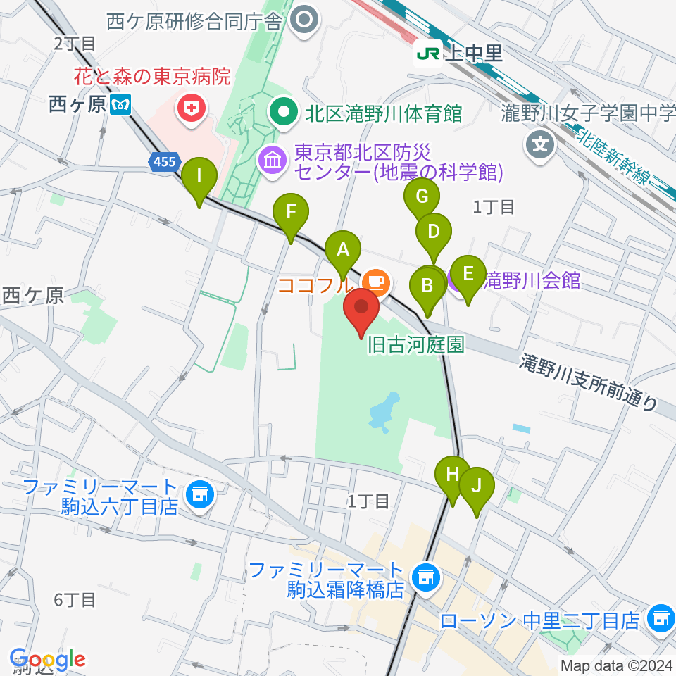 旧古河邸 大谷美術館周辺のファミレス・ファーストフード一覧地図