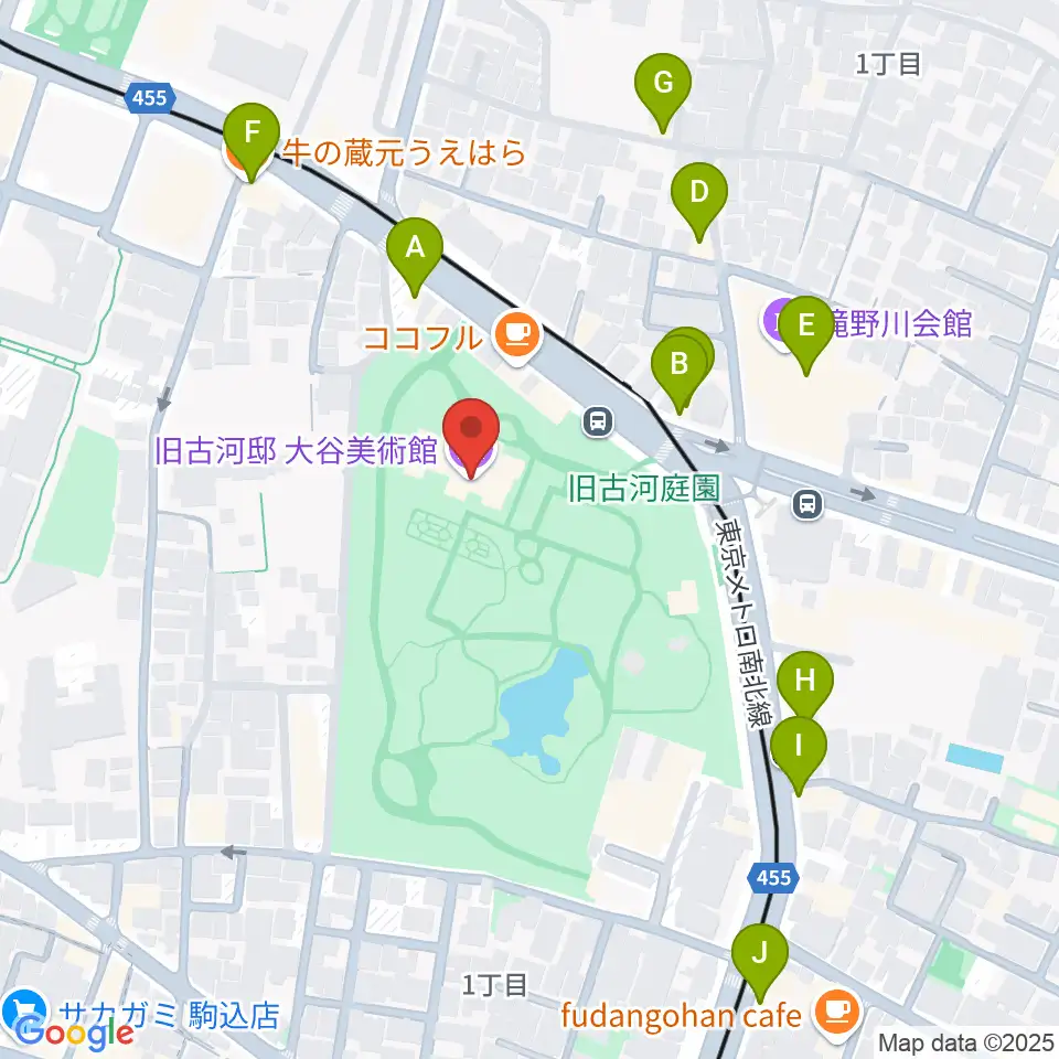 旧古河邸 大谷美術館周辺のファミレス・ファーストフード一覧地図