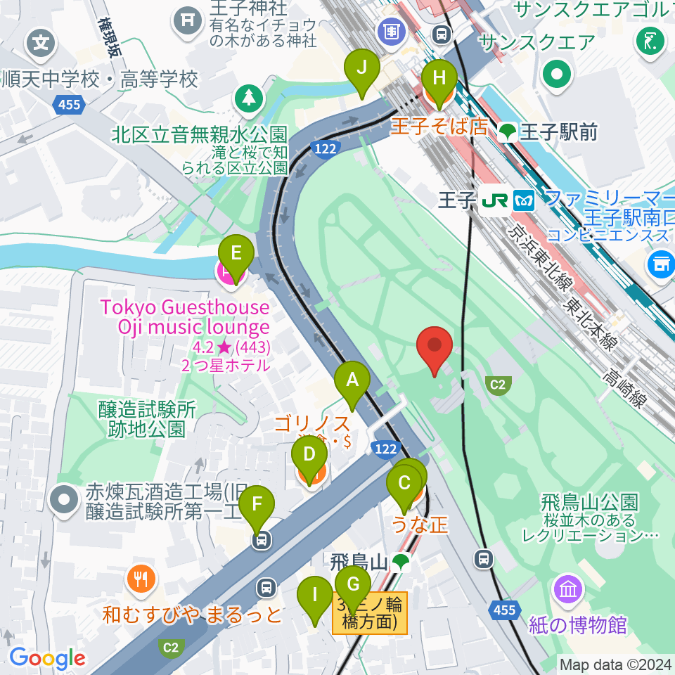 飛鳥山公園野外ステージ周辺のファミレス・ファーストフード一覧地図