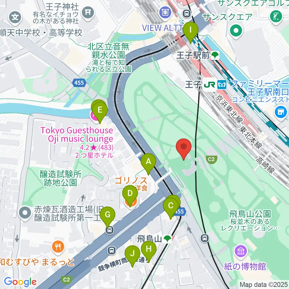飛鳥山公園野外ステージ周辺のファミレス・ファーストフード一覧地図