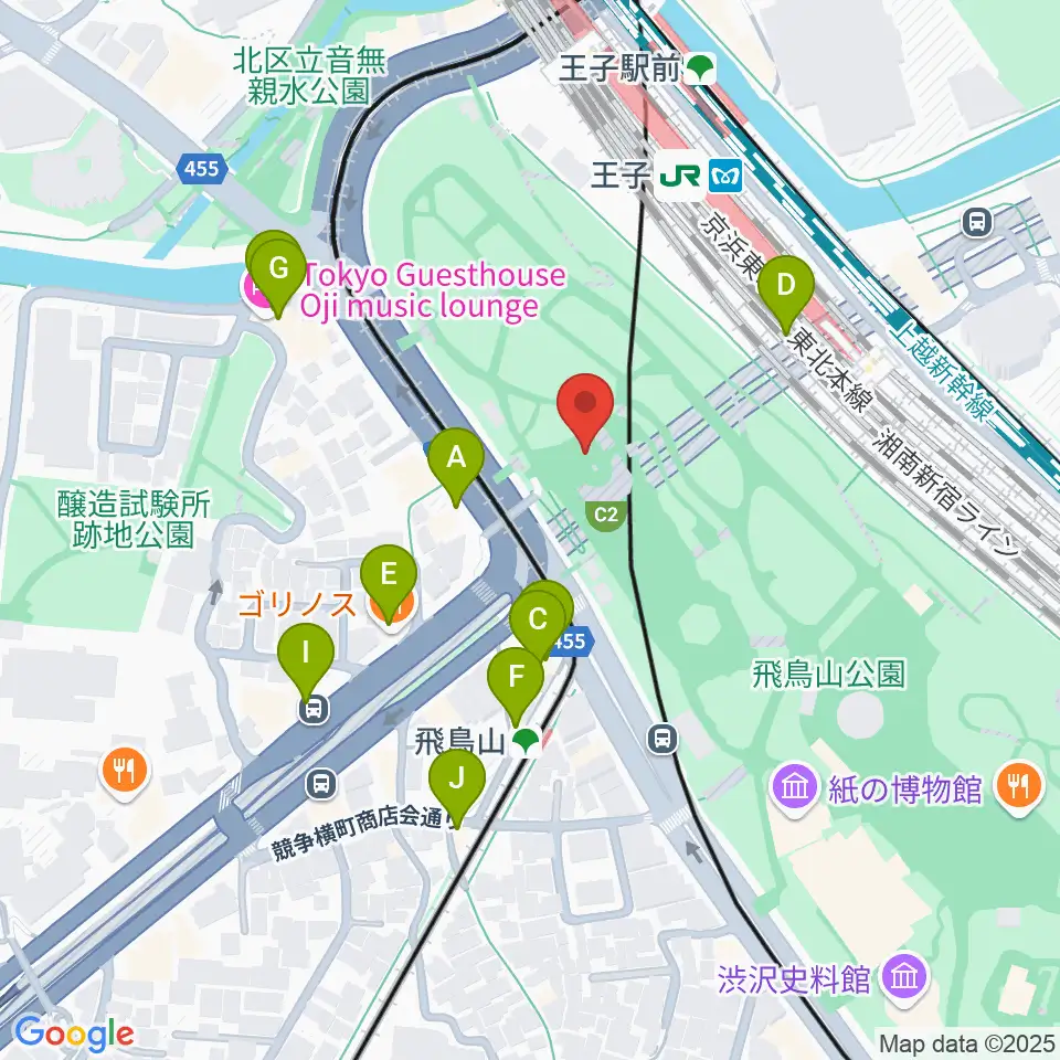 飛鳥山公園野外ステージ周辺のファミレス・ファーストフード一覧地図