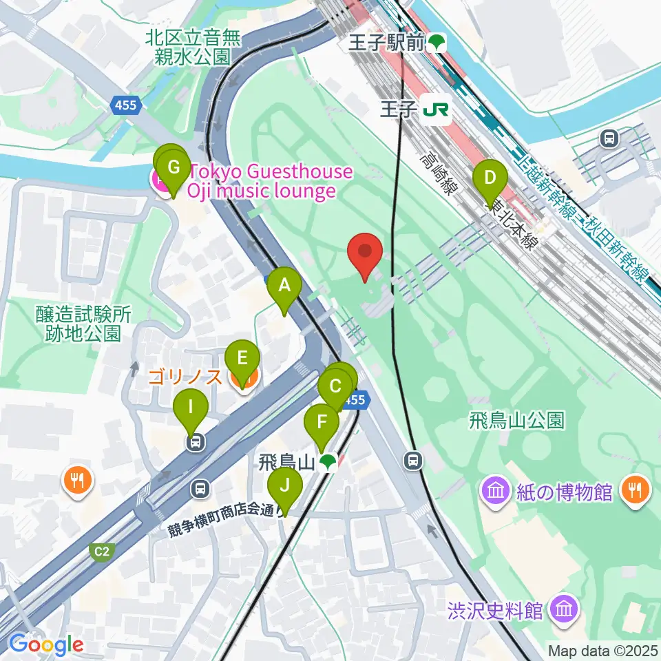 飛鳥山公園野外ステージ周辺のファミレス・ファーストフード一覧地図