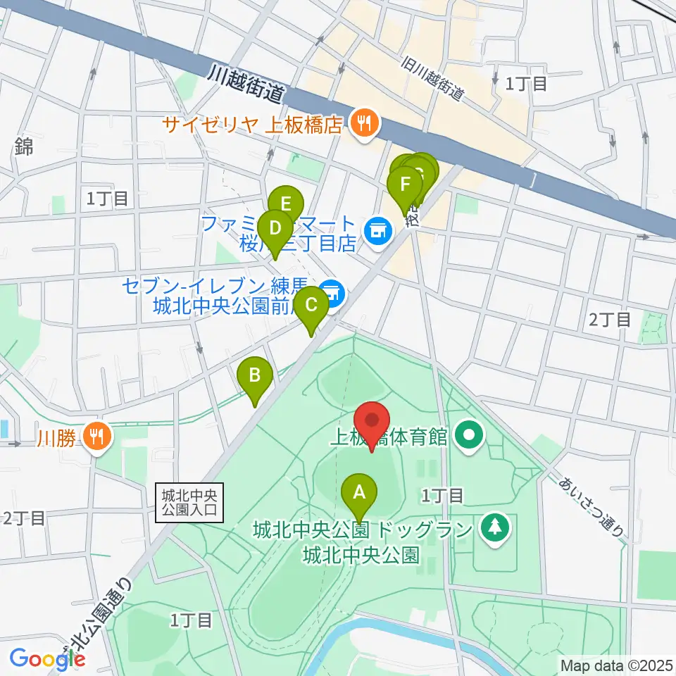 城北中央公園野球場周辺のファミレス・ファーストフード一覧地図