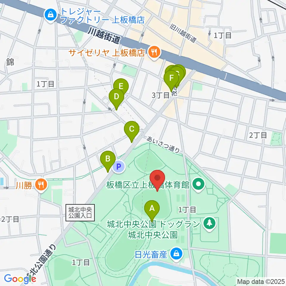 城北中央公園野球場周辺のファミレス・ファーストフード一覧地図