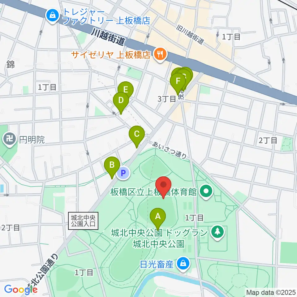 城北中央公園野球場周辺のファミレス・ファーストフード一覧地図