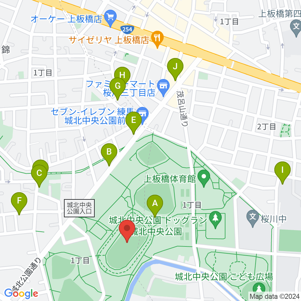 城北中央公園陸上競技場周辺のファミレス・ファーストフード一覧地図