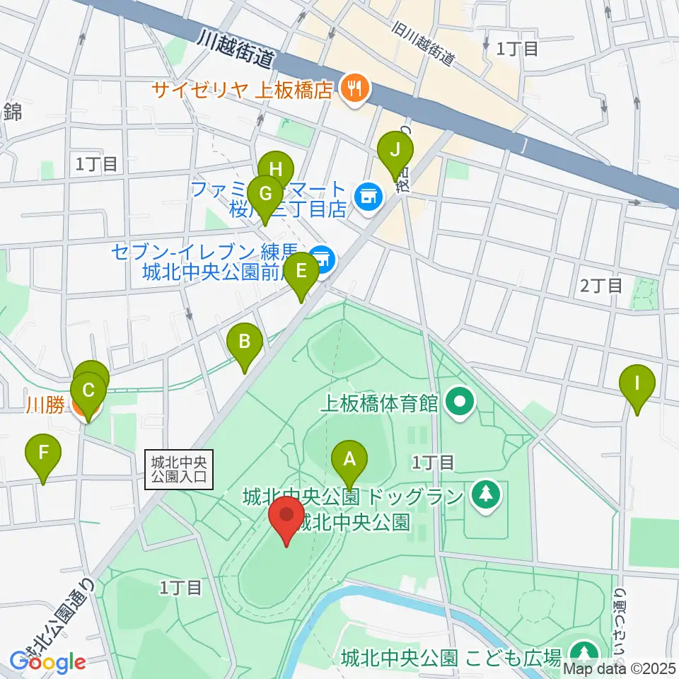 城北中央公園陸上競技場周辺のファミレス・ファーストフード一覧地図