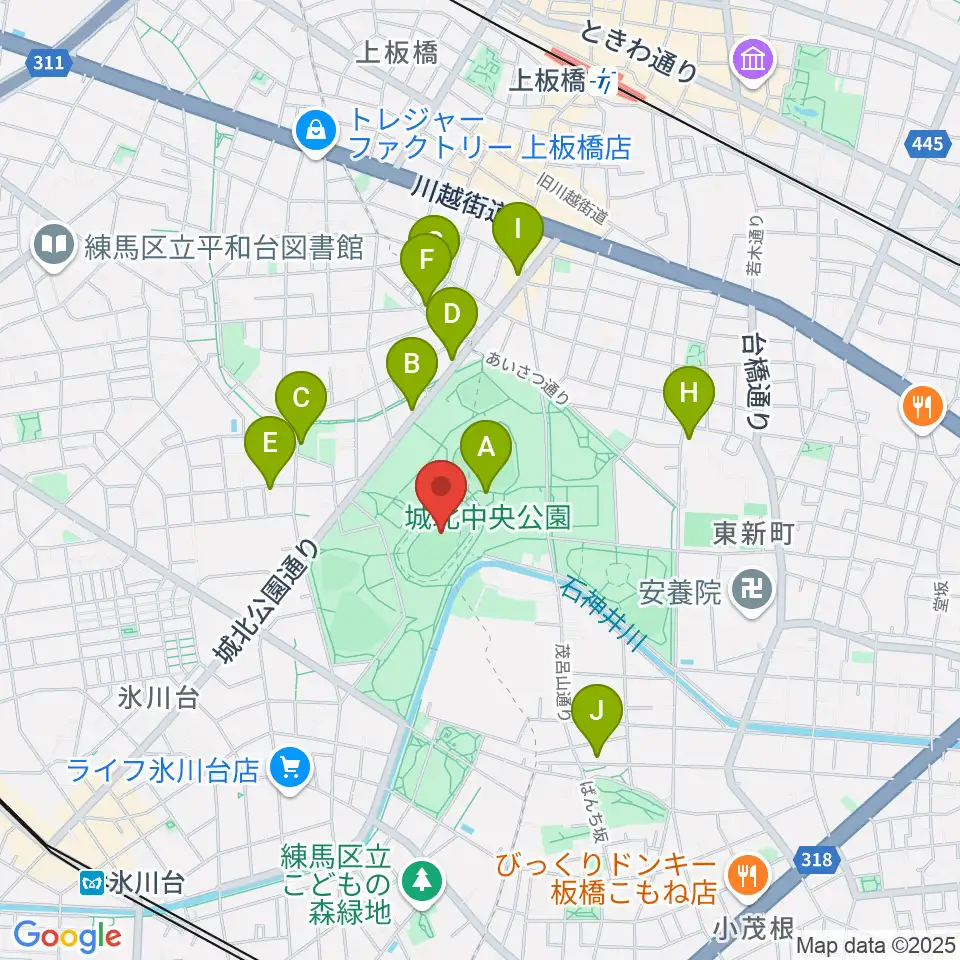 城北中央公園陸上競技場周辺のファミレス・ファーストフード一覧地図