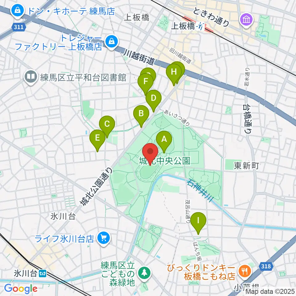 城北中央公園陸上競技場周辺のファミレス・ファーストフード一覧地図