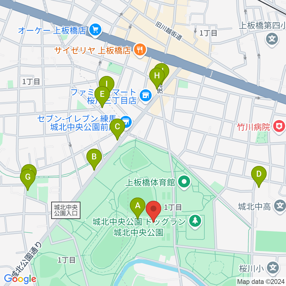 城北中央公園多目的広場周辺のファミレス・ファーストフード一覧地図