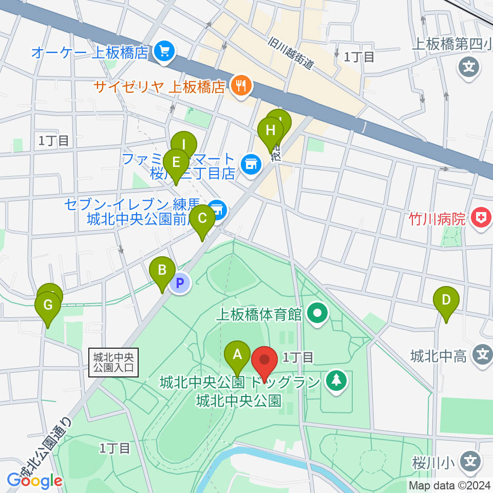 城北中央公園多目的広場周辺のファミレス・ファーストフード一覧地図