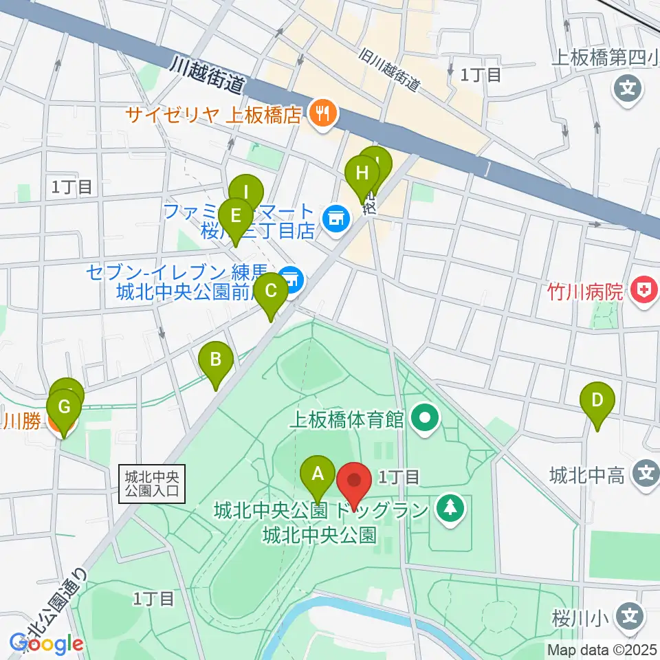 城北中央公園多目的広場周辺のファミレス・ファーストフード一覧地図