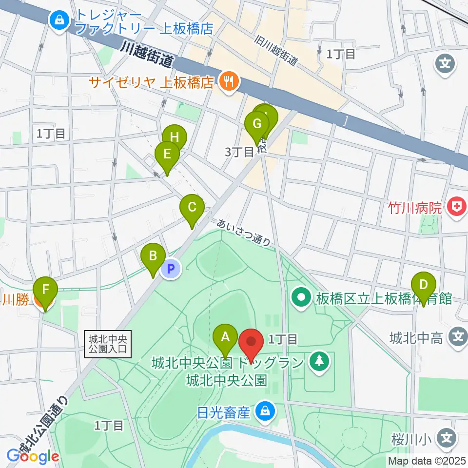 城北中央公園多目的広場周辺のファミレス・ファーストフード一覧地図