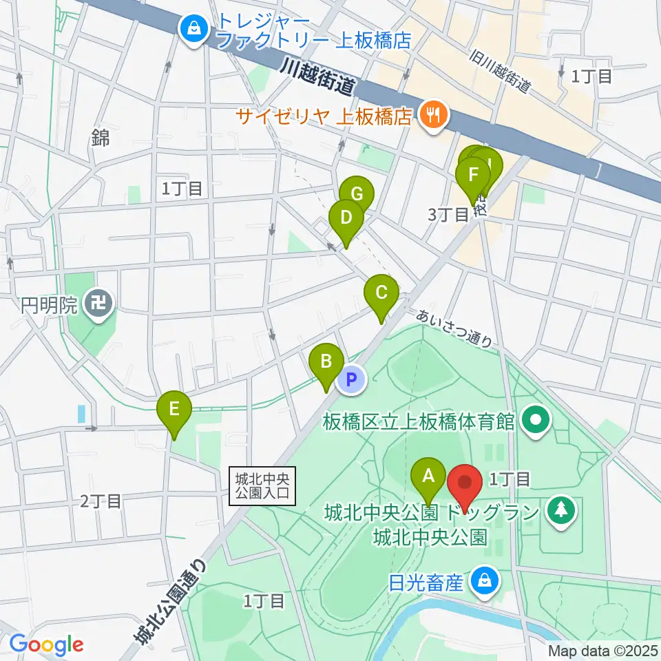 城北中央公園多目的広場周辺のファミレス・ファーストフード一覧地図