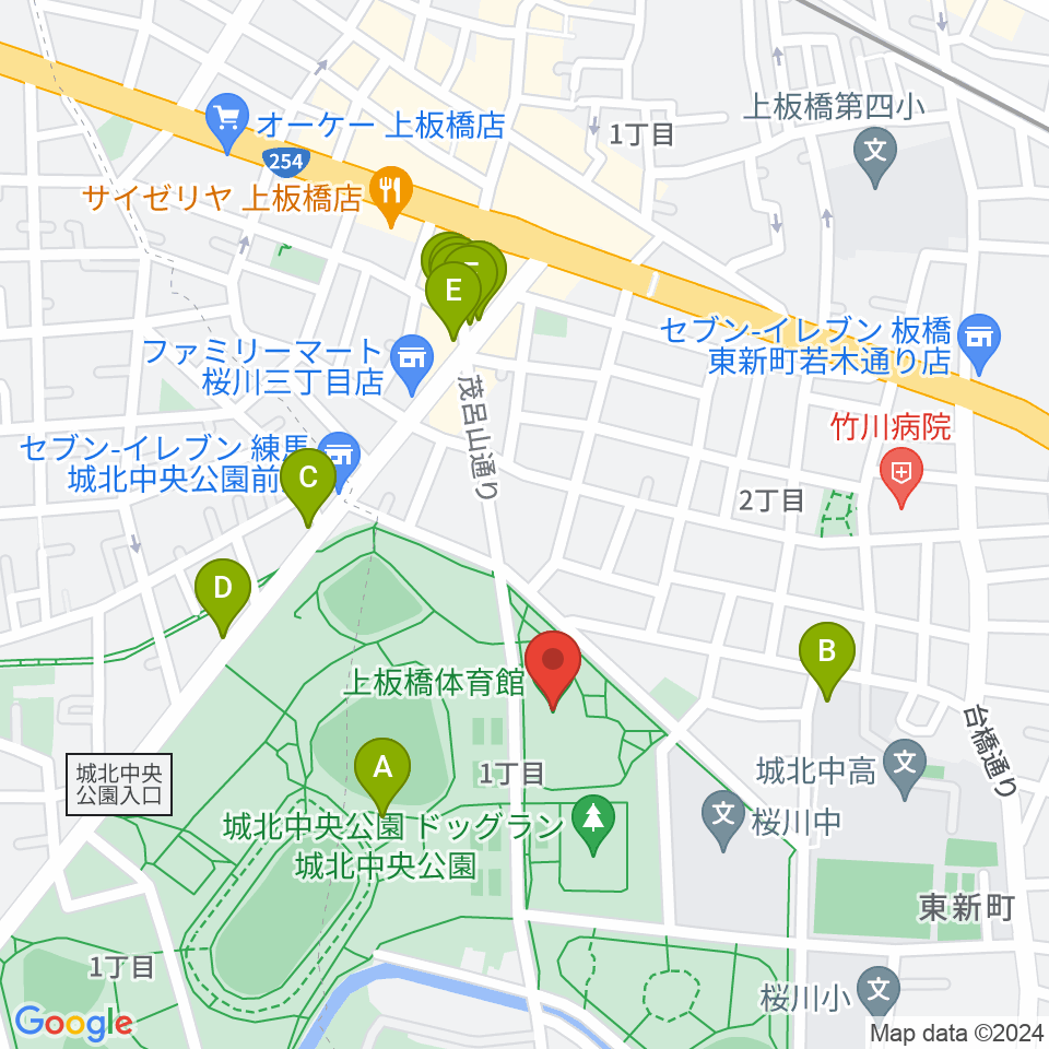 上板橋体育館周辺のファミレス・ファーストフード一覧地図