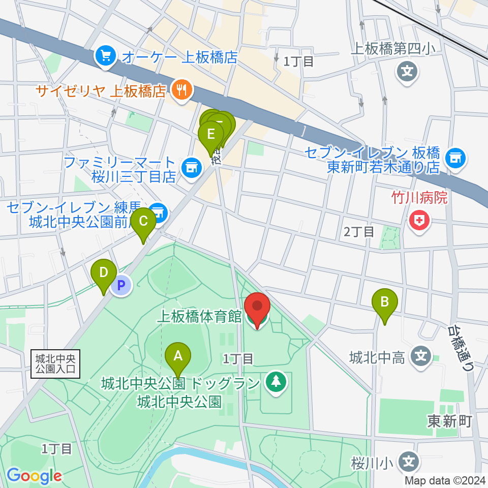 上板橋体育館周辺のファミレス・ファーストフード一覧地図