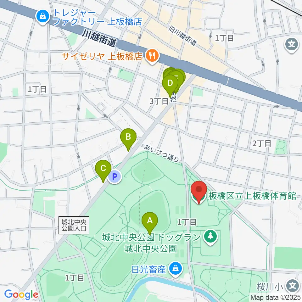上板橋体育館周辺のファミレス・ファーストフード一覧地図