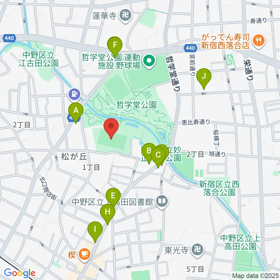 妙正寺川公園運動広場周辺のファミレス・ファーストフード一覧地図