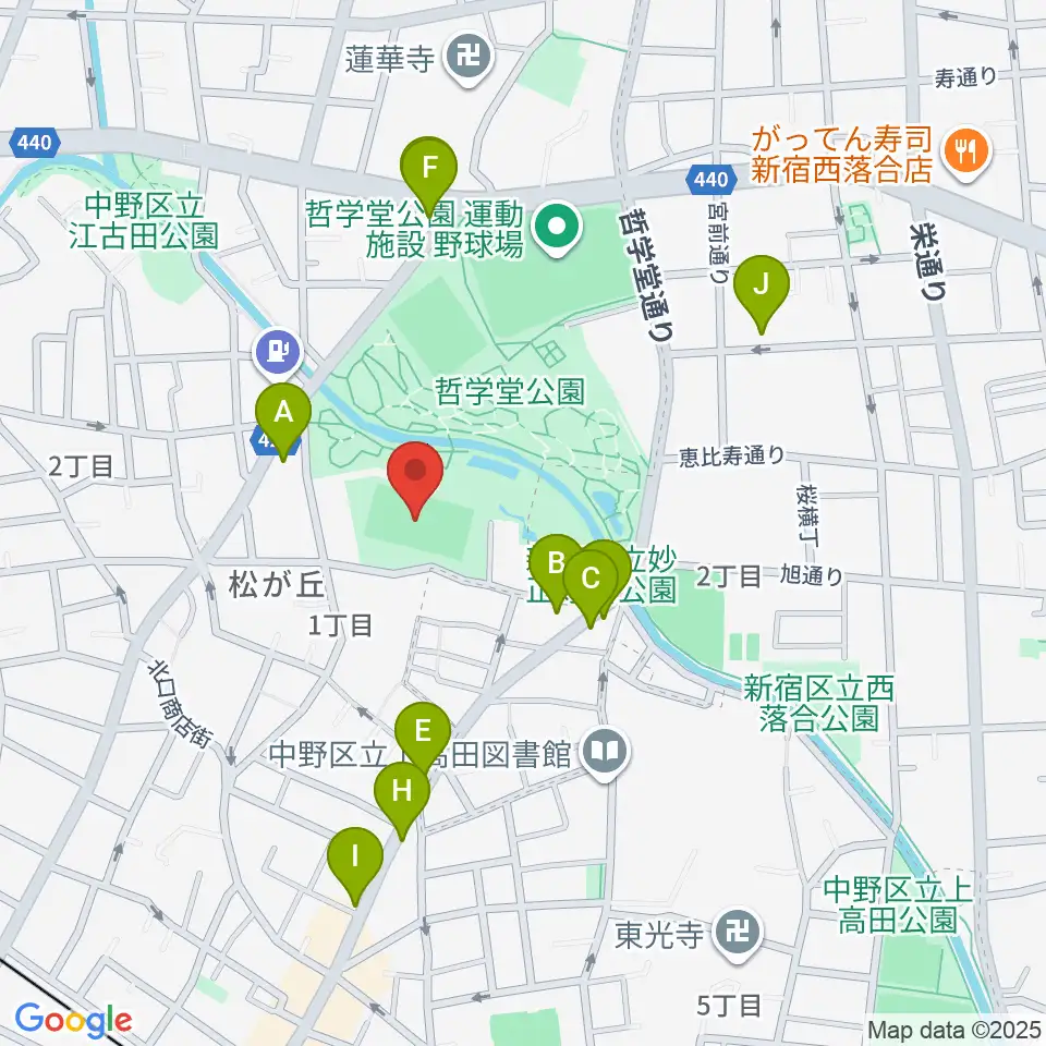 妙正寺川公園運動広場周辺のファミレス・ファーストフード一覧地図