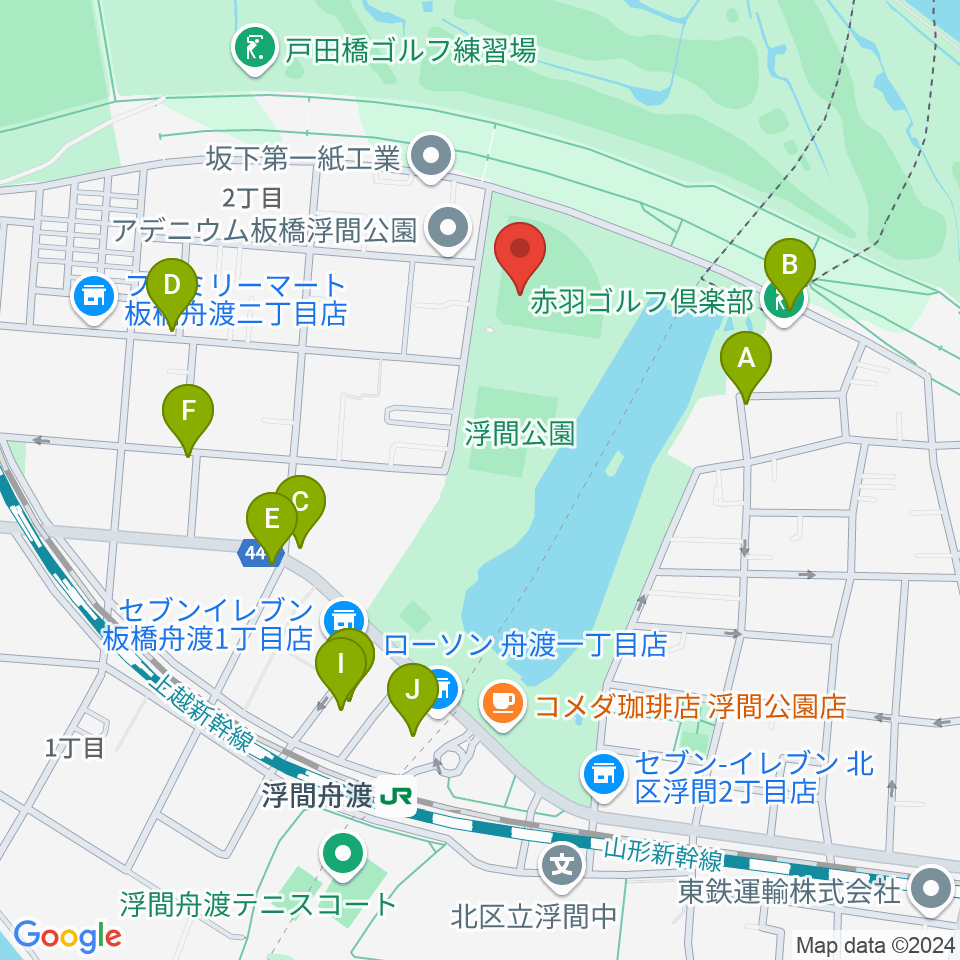 浮間公園野球場周辺のファミレス・ファーストフード一覧地図