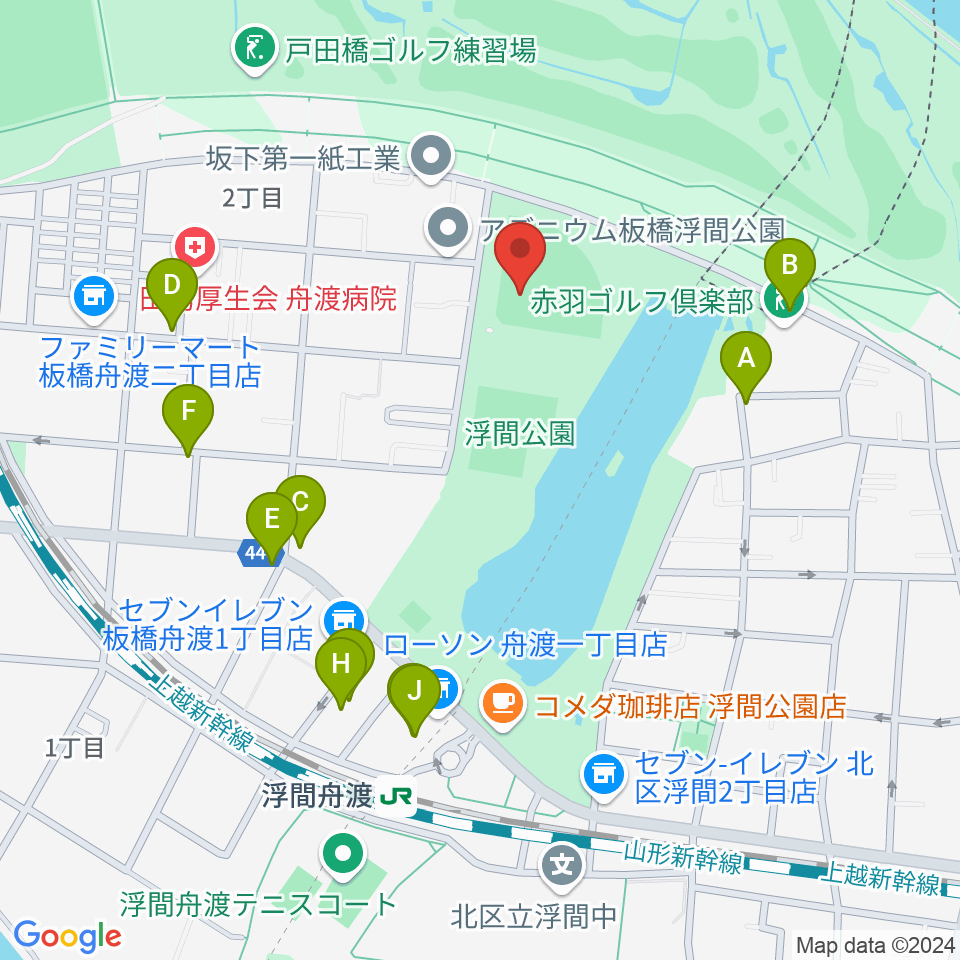 浮間公園野球場周辺のファミレス・ファーストフード一覧地図