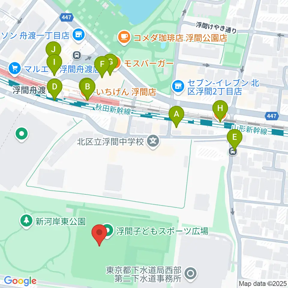 浮間子どもスポーツ広場野球場周辺のファミレス・ファーストフード一覧地図
