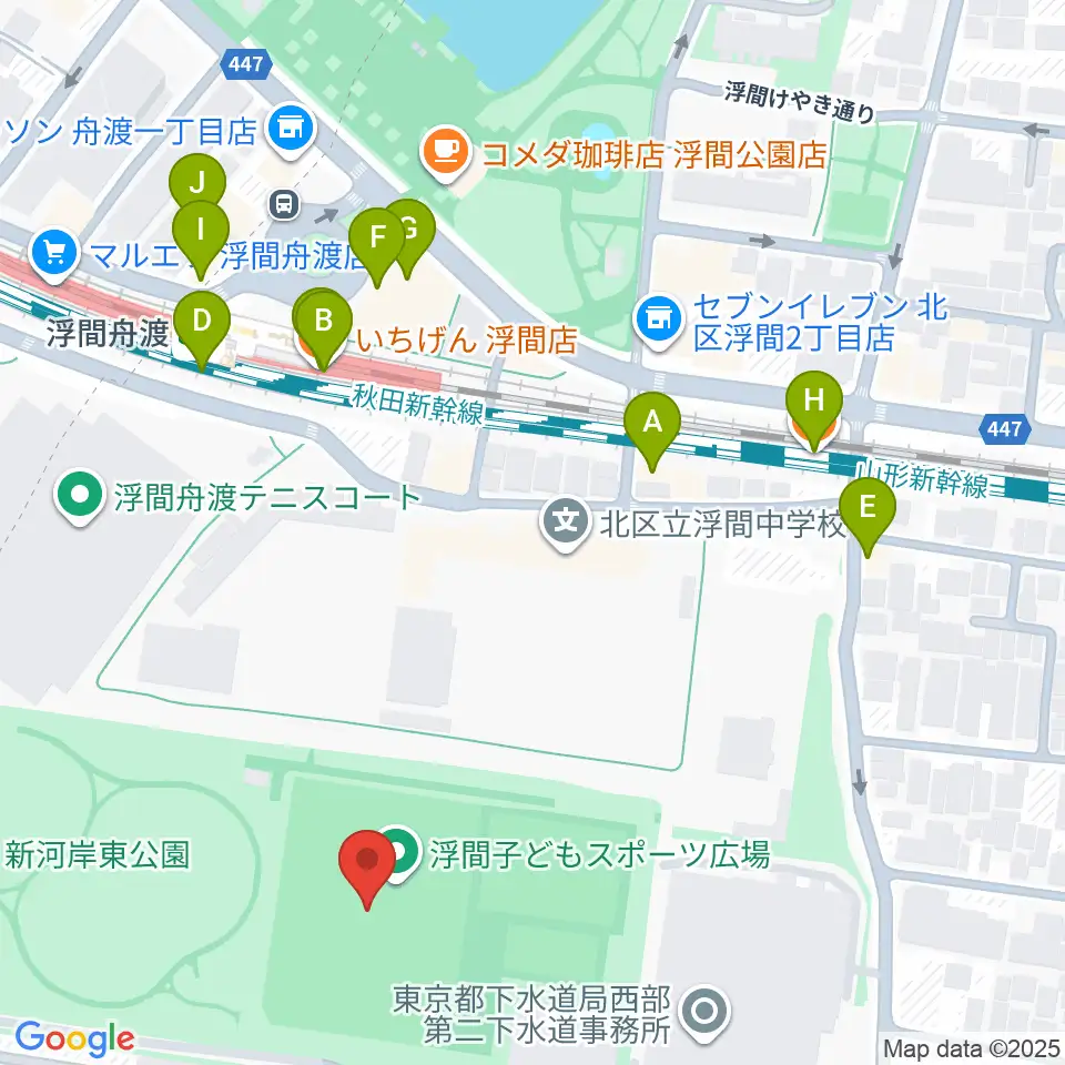 浮間子どもスポーツ広場野球場周辺のファミレス・ファーストフード一覧地図