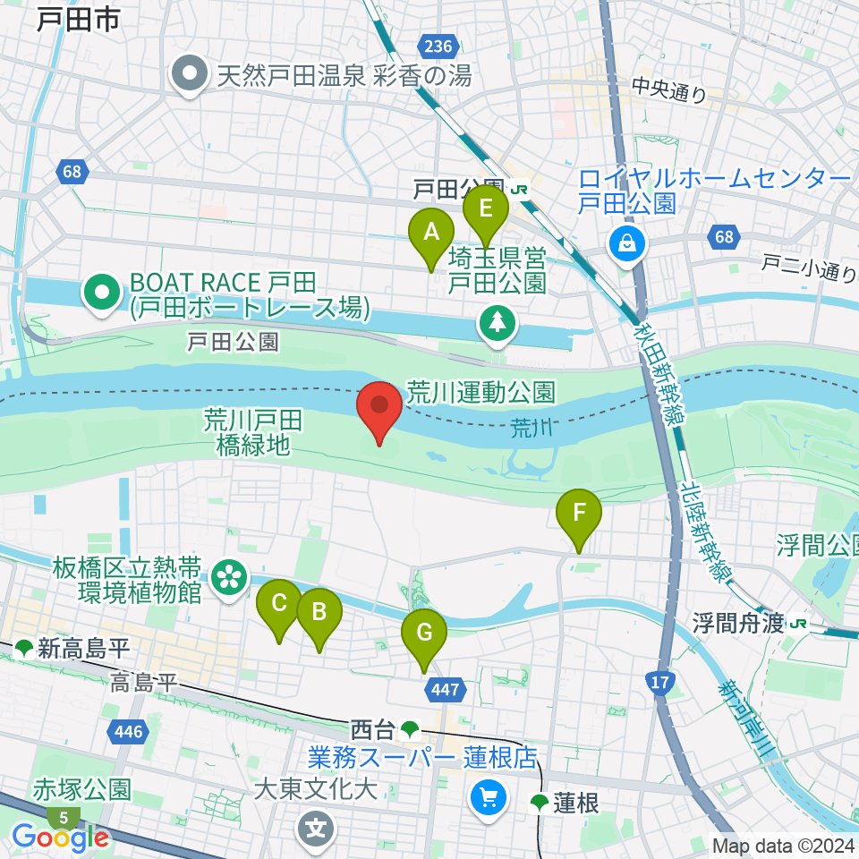 荒川戸田橋陸上競技場周辺のファミレス・ファーストフード一覧地図