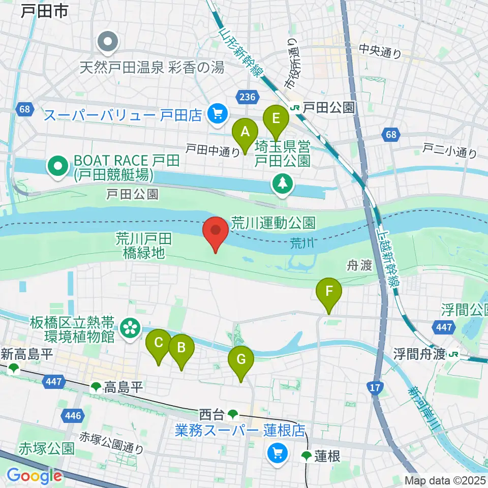 荒川戸田橋陸上競技場周辺のファミレス・ファーストフード一覧地図