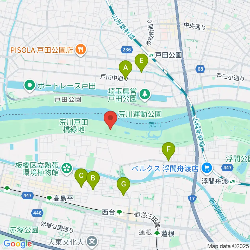 荒川戸田橋陸上競技場周辺のファミレス・ファーストフード一覧地図