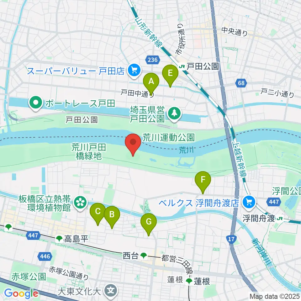 荒川戸田橋陸上競技場周辺のファミレス・ファーストフード一覧地図