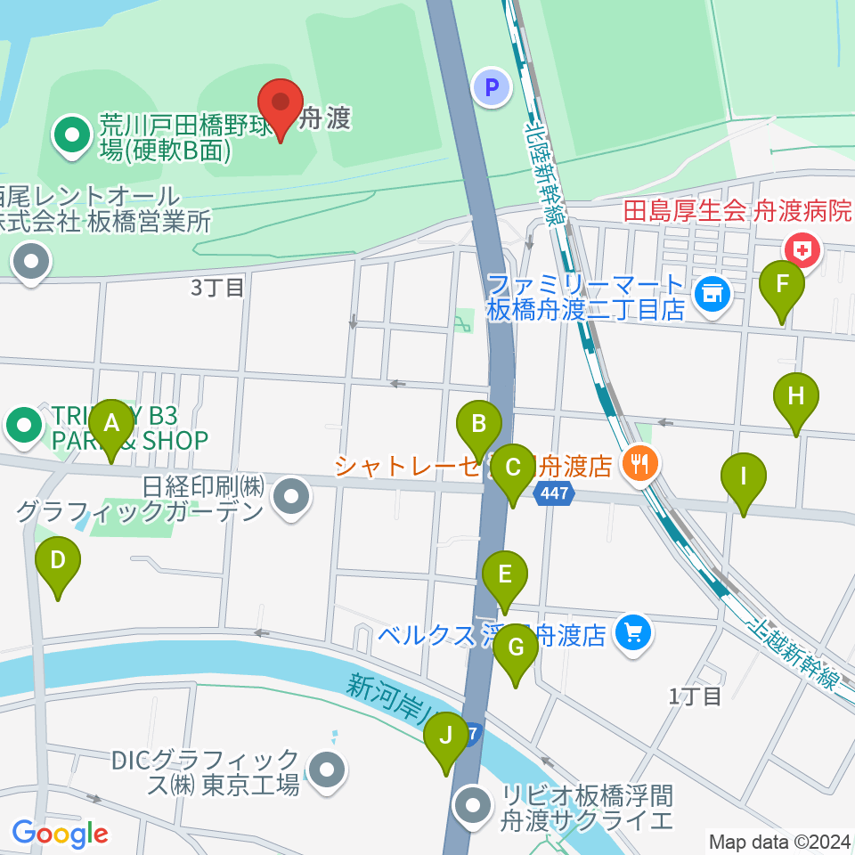 荒川戸田橋野球場周辺のファミレス・ファーストフード一覧地図