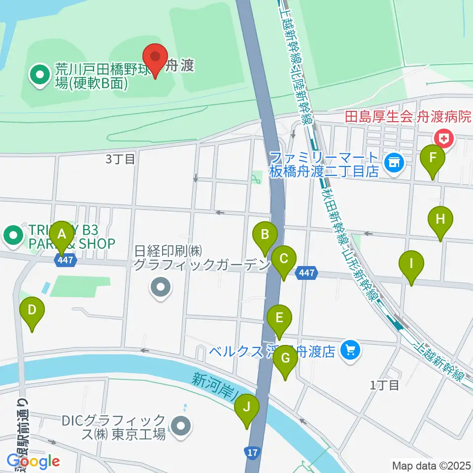 荒川戸田橋野球場周辺のファミレス・ファーストフード一覧地図