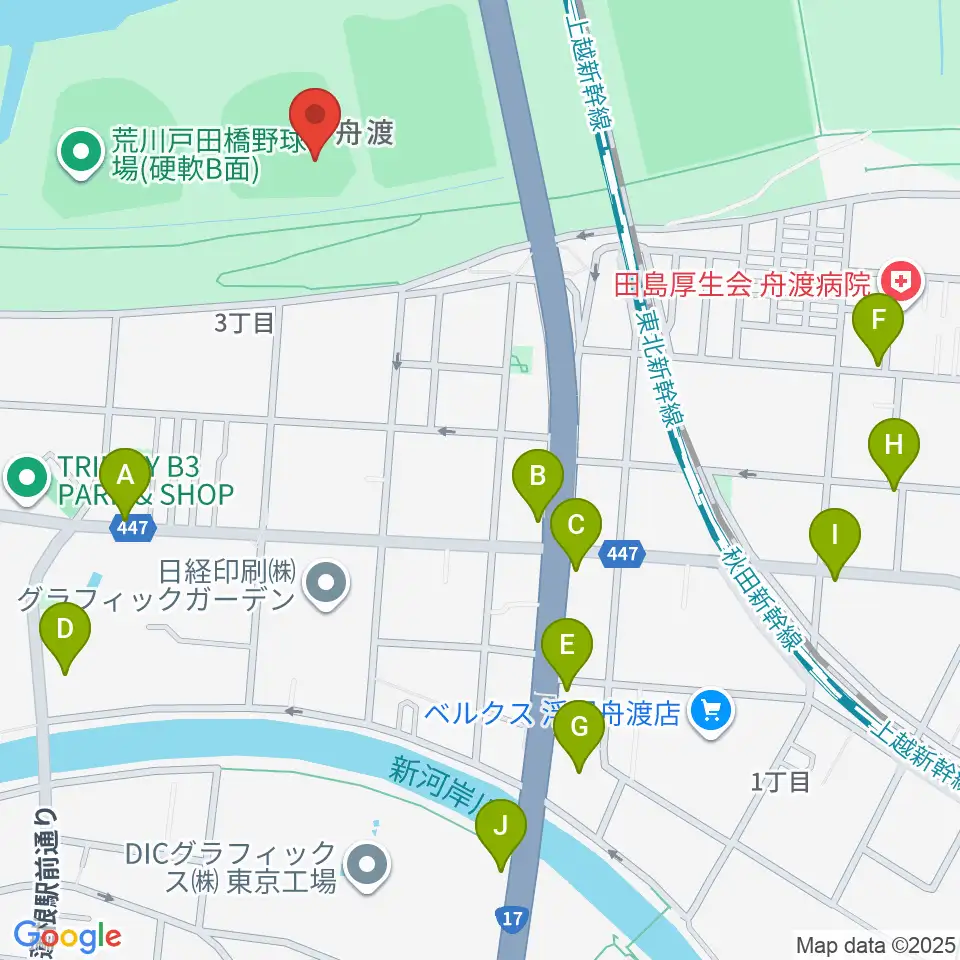 荒川戸田橋野球場周辺のファミレス・ファーストフード一覧地図