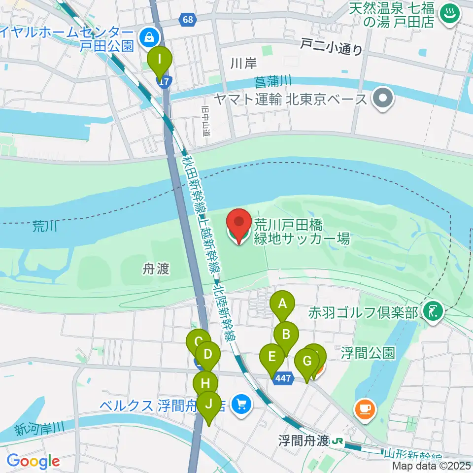 荒川戸田橋サッカー場周辺のファミレス・ファーストフード一覧地図