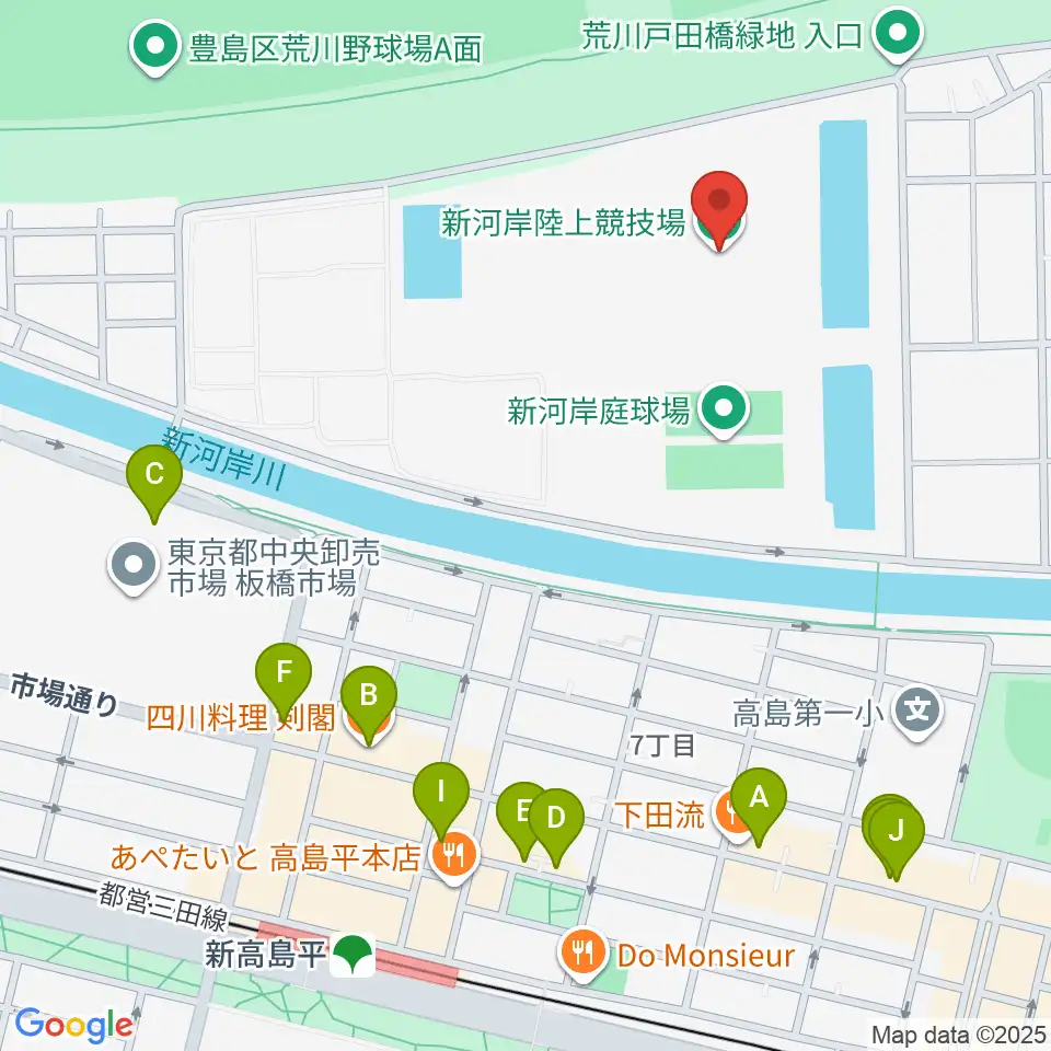 新河岸陸上競技場周辺のファミレス・ファーストフード一覧地図