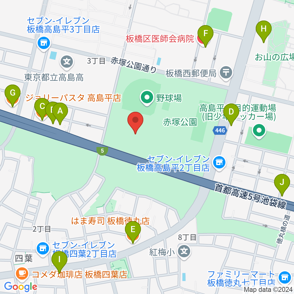 赤塚公園競技場周辺のファミレス・ファーストフード一覧地図