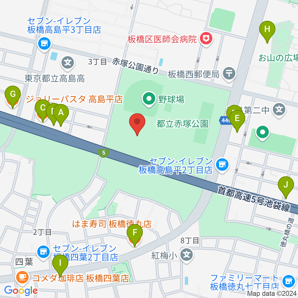 赤塚公園競技場周辺のファミレス・ファーストフード一覧地図