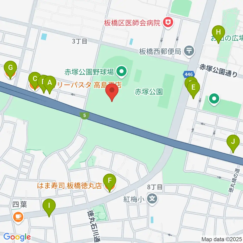 赤塚公園競技場周辺のファミレス・ファーストフード一覧地図