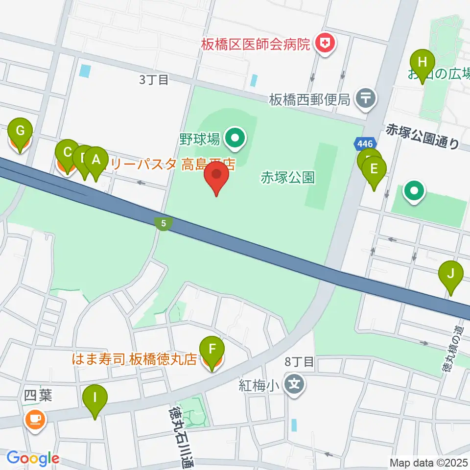 赤塚公園競技場周辺のファミレス・ファーストフード一覧地図