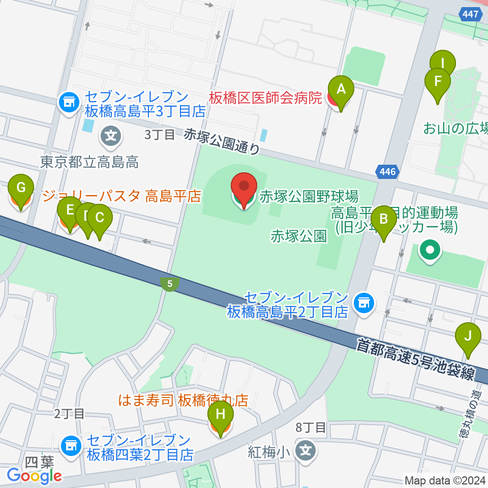 赤塚公園野球場周辺のファミレス・ファーストフード一覧地図