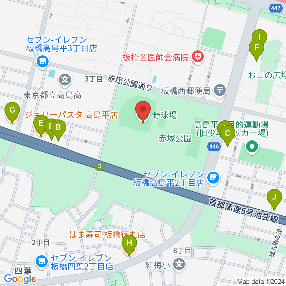 赤塚公園野球場周辺のファミレス・ファーストフード一覧地図