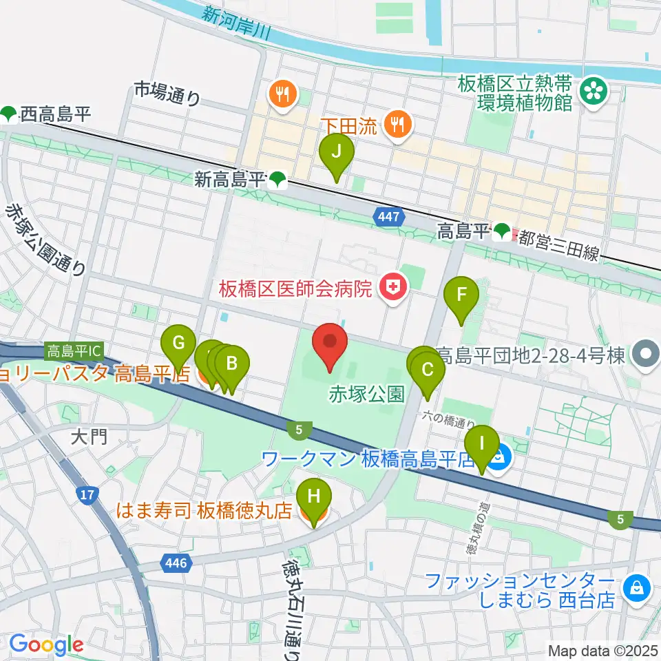 赤塚公園野球場周辺のファミレス・ファーストフード一覧地図