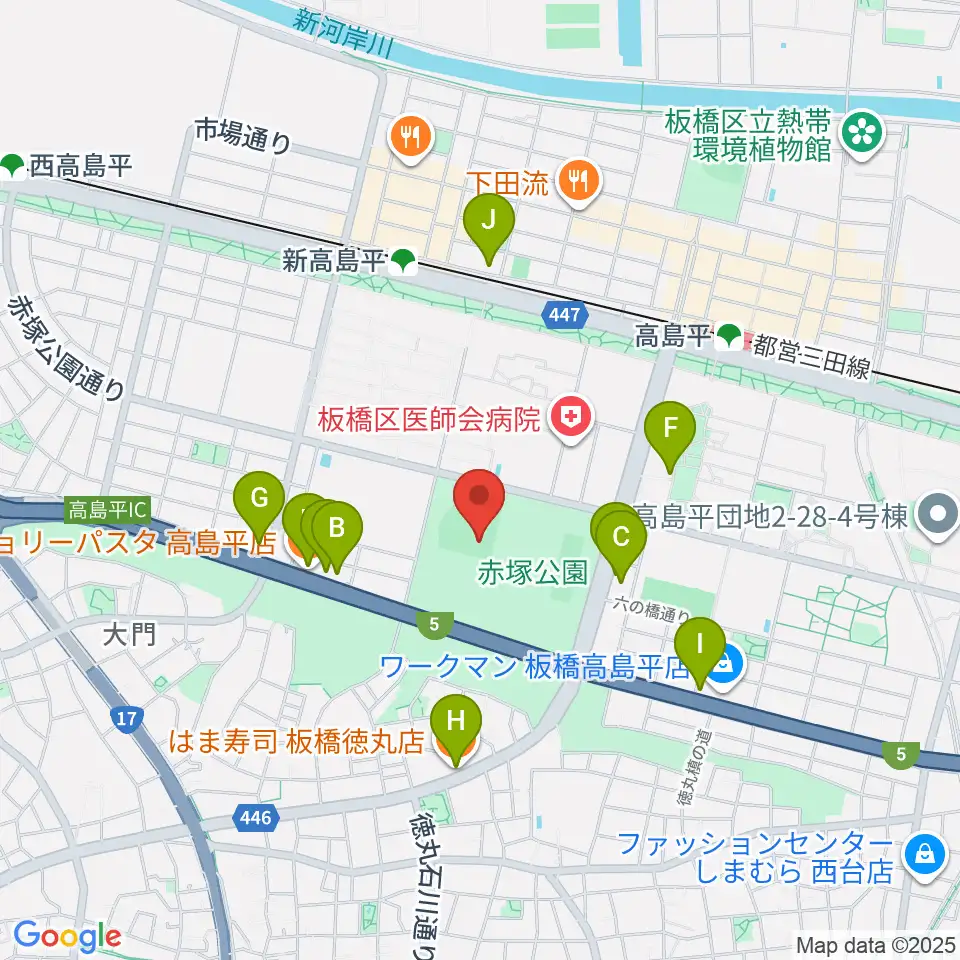 赤塚公園野球場周辺のファミレス・ファーストフード一覧地図