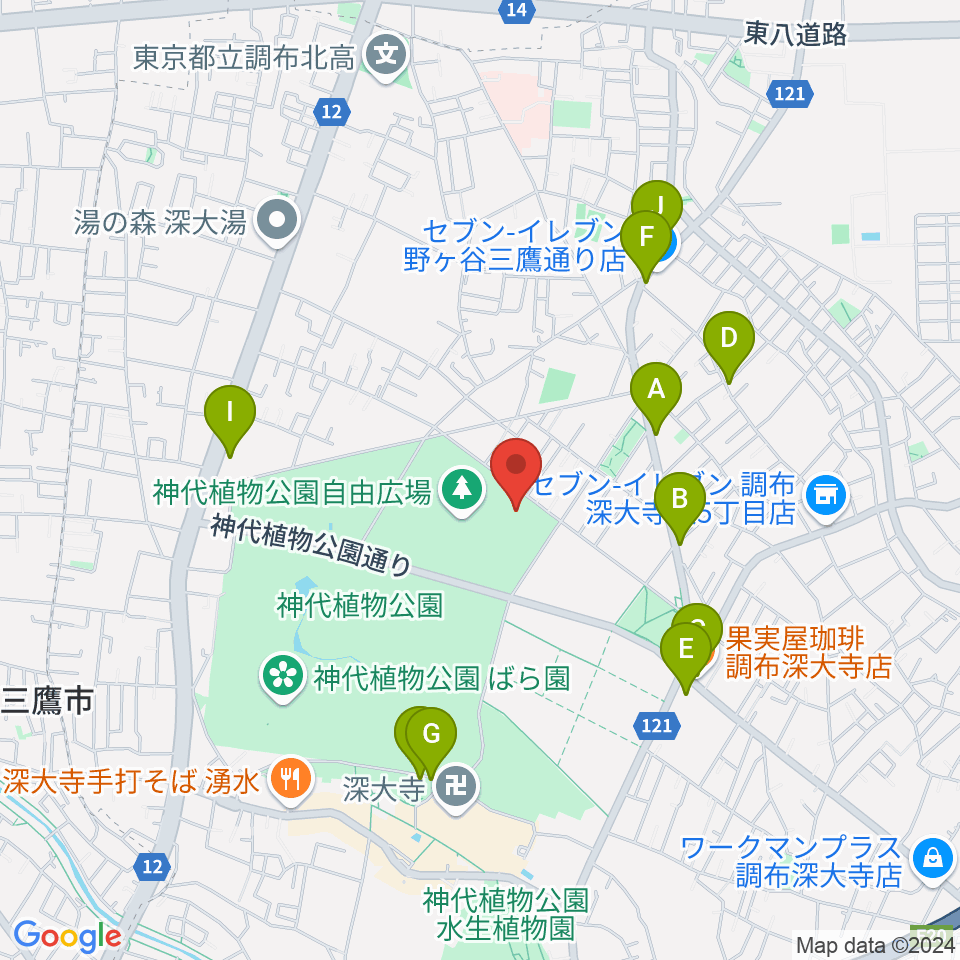 調布市総合体育館周辺のファミレス・ファーストフード一覧地図