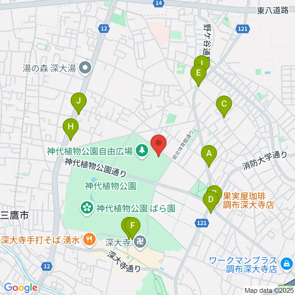 調布市総合体育館周辺のファミレス・ファーストフード一覧地図